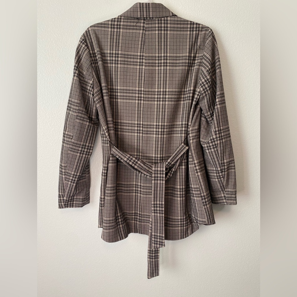 Zara Blush Pink & Black Plaid Double Breasted Stretch Blazer with belt Small - Picture 3 of 13